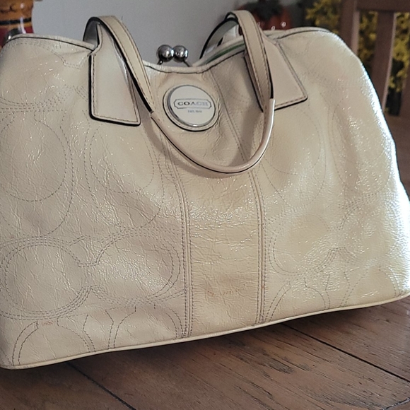 Coach Handbags - COACH Ivory Patent Leather Signature Bag
